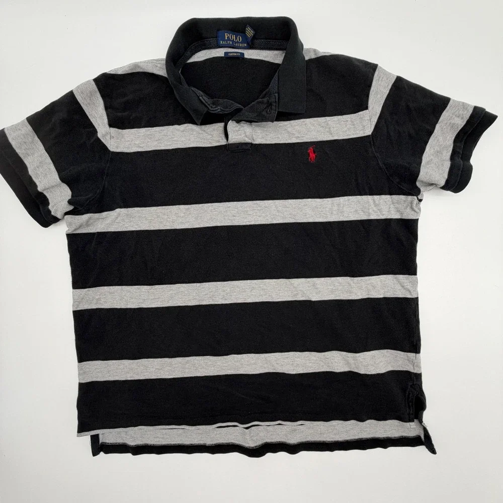 Polo Ralph Lauren Mens XXL‎ Custom Fit Striped Polo Shirt Black Grey Rugby Pony